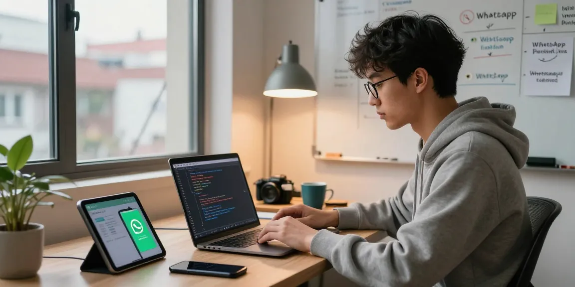 Innovative workspace showcasing WhatsApp下載 coding session in a cozy home office with developer, gadgets, and brainstorming notes.