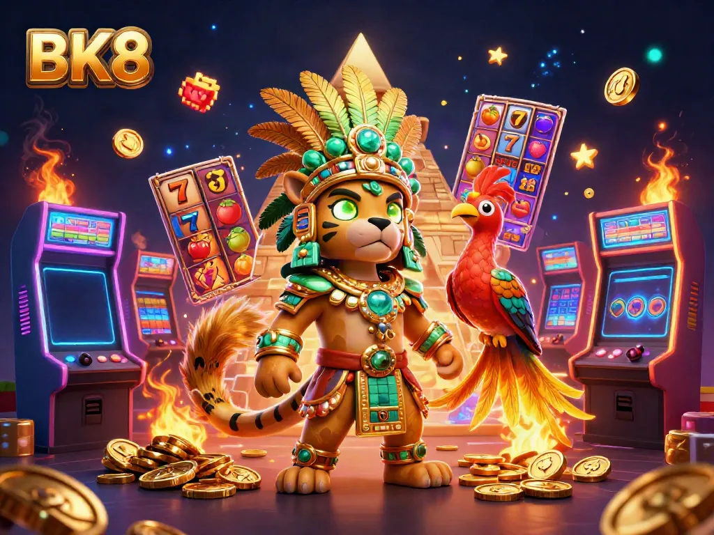 Experience the thrill of BK8 with vibrant slot reels and a Mayan jaguar priest in this energetic 3D casino scene.