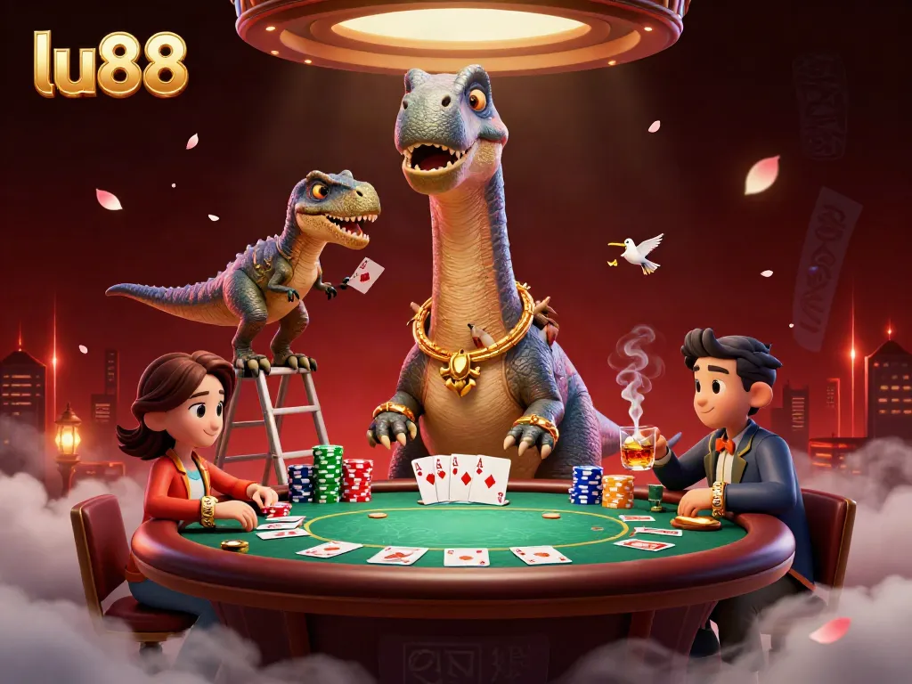 lu88 features a giant brontosaurus dealing poker cards in a vibrant casino scene
