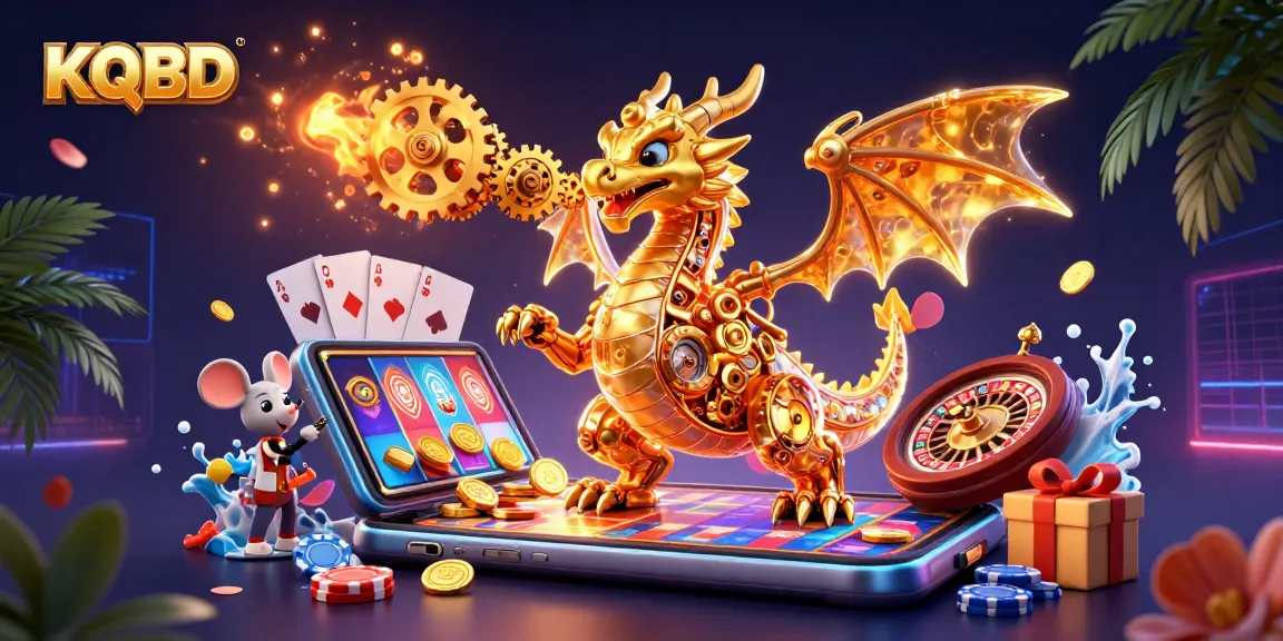 KQBD showcases an enchanting illustration of a dragon and a mouse engine amid dynamic gambling elements, bursting with energy.