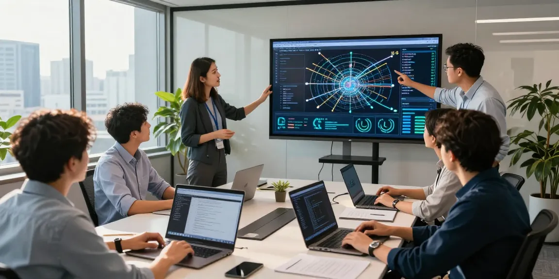 Engineers discussing fiber fiber optic solutions around a conference table in a modern office.
