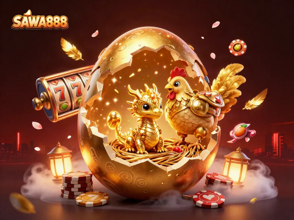 Engage in the thrilling SAWA888 casino experience with a sparkling 3D dragon image surrounded by slot elements.