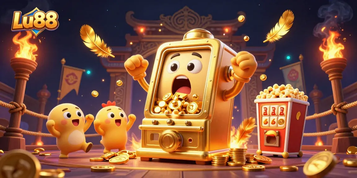 Lu88 slot machine celebrates its jackpot with coins pouring out, creating an exciting casino atmosphere.