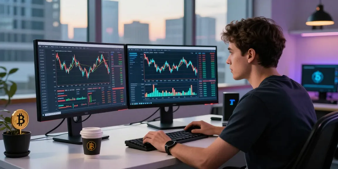 Торговец на платформе bitmex биржа, анализирующий графики и данные в современном офисе с ярким освещением.