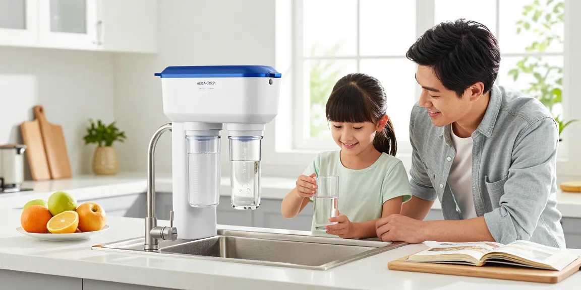 AQUA CREST GXRLQR NSF/ANSI 401 Certified filter in a modern kitchen, family enjoying clean water