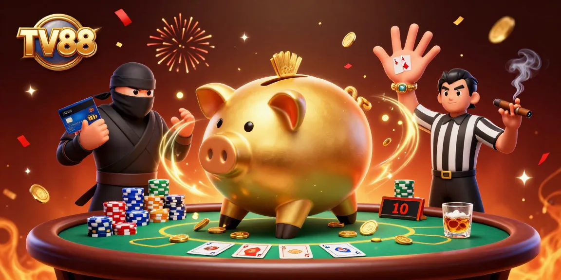 TV88 offers exciting gameplay as a golden piggy bank wrestler and ninja duel in this thrilling casino illustration.