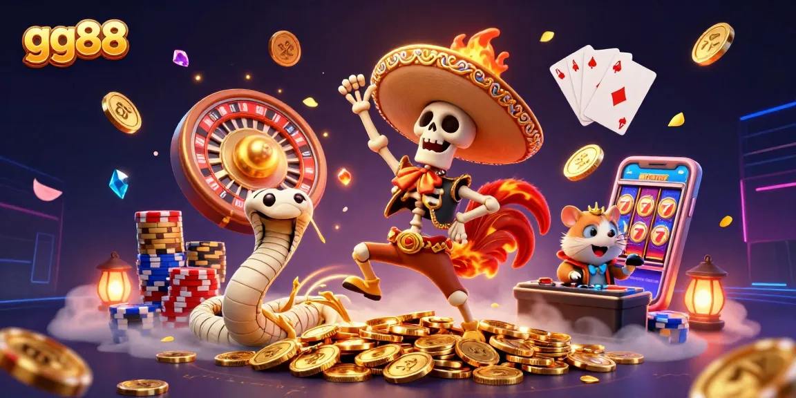 Experience the excitement of gg88 as a lively mariachi rooster dances on gold coins amidst vibrant casino elements.