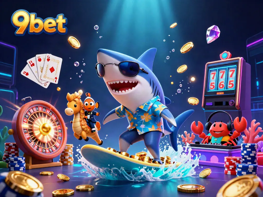 9bet's vibrant casino scene features a shark surfing gold coins, clownfish, and a DJ crab.