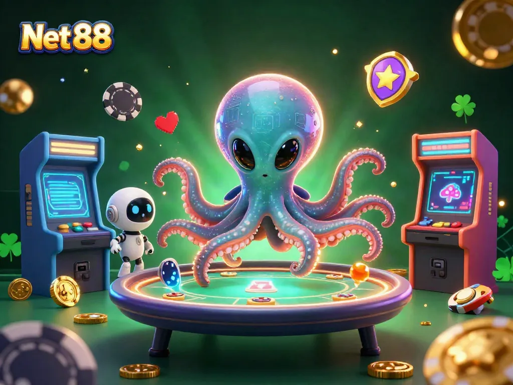 Experience the thrill of Net 88 betting with vibrant alien poker characters in a colorful casino setting.