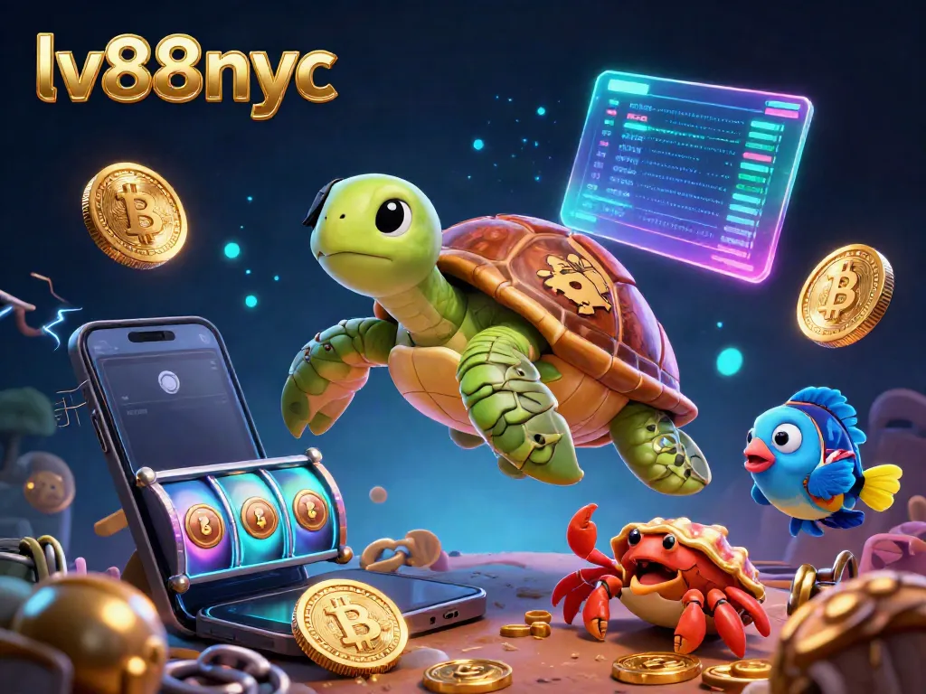 Engage in thrilling slots action with the lively 3D pirate turtle, showcasing lv88nyc under neon cryptocurrency elements.