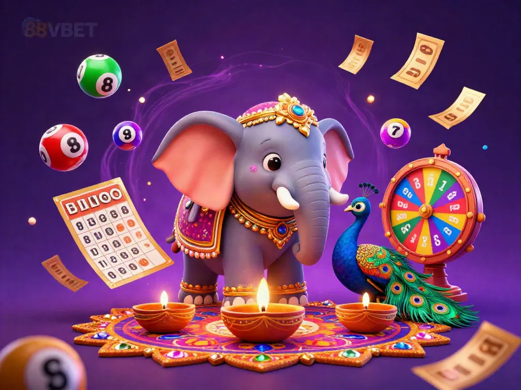 Experience the vibrant world of 88VBET with a lively illustration of a decorated elephant and peacock, surrounded by dynamic lottery elements.