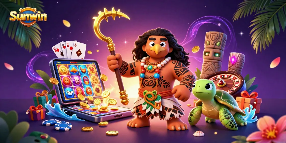 Experience excitement at Sunwin with colorful slot games and tropical casino elements in vibrant illustration.