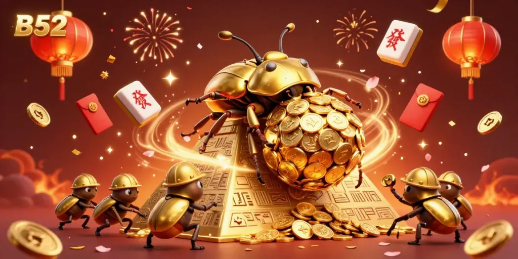 Experience the thrill of B52, showcasing vibrant casino symbol-filled illustration with golden coins and festive elements.