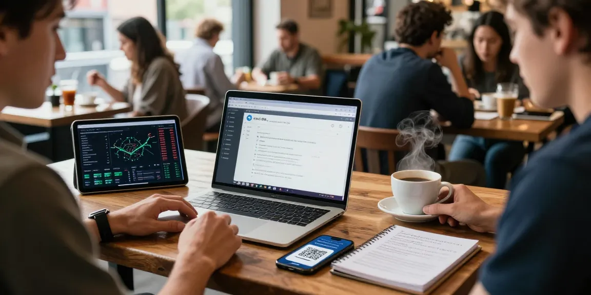 Play exchange digital wallet transaction scene with crypto trading analytics in a coffee shop setting
