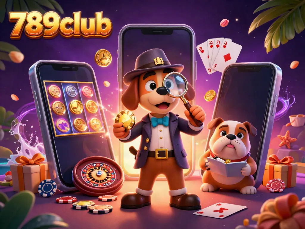 Immerse yourself in the 789club experience with a detective uncovering poker treasures amid colorful slot games.
