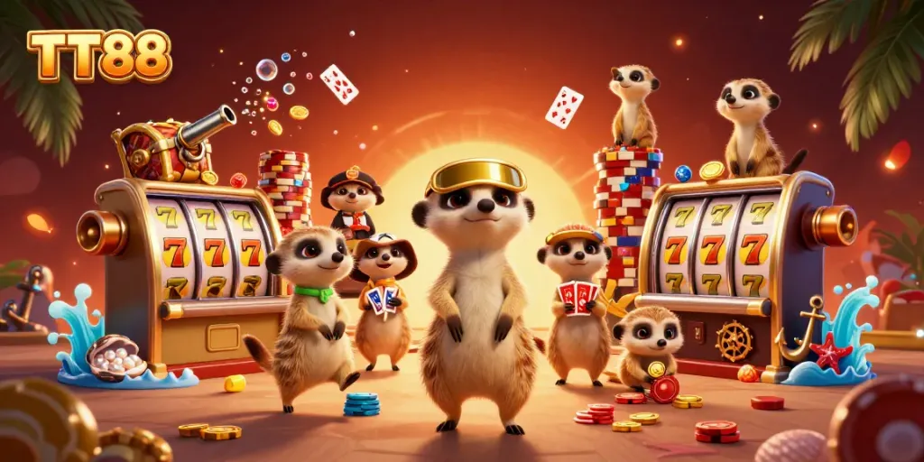 TT88 meerkats managing a vibrant casino scene with slots and gold coins.