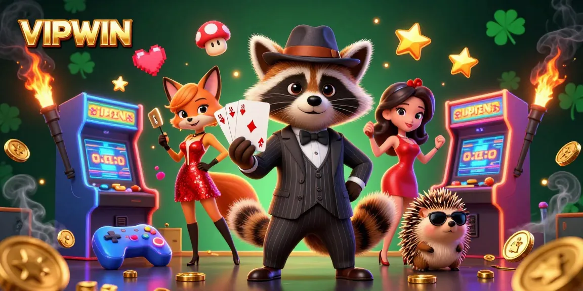 Engage with VIPWIN in a vibrant casino scene featuring characters and colorful game elements.