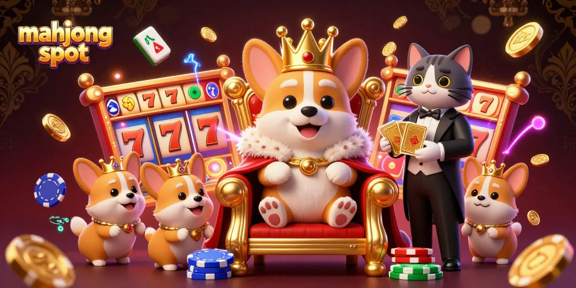 Win big with mahjong slot in this vibrant 3D illustration showcasing a royal corgi and gaming elements.