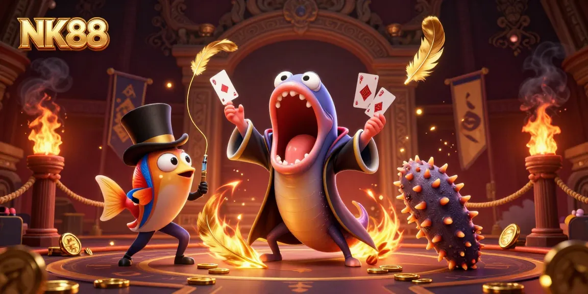 Experience thrilling entertainment with NK88's magical 3D deep-sea characters in a vibrant casino scene.