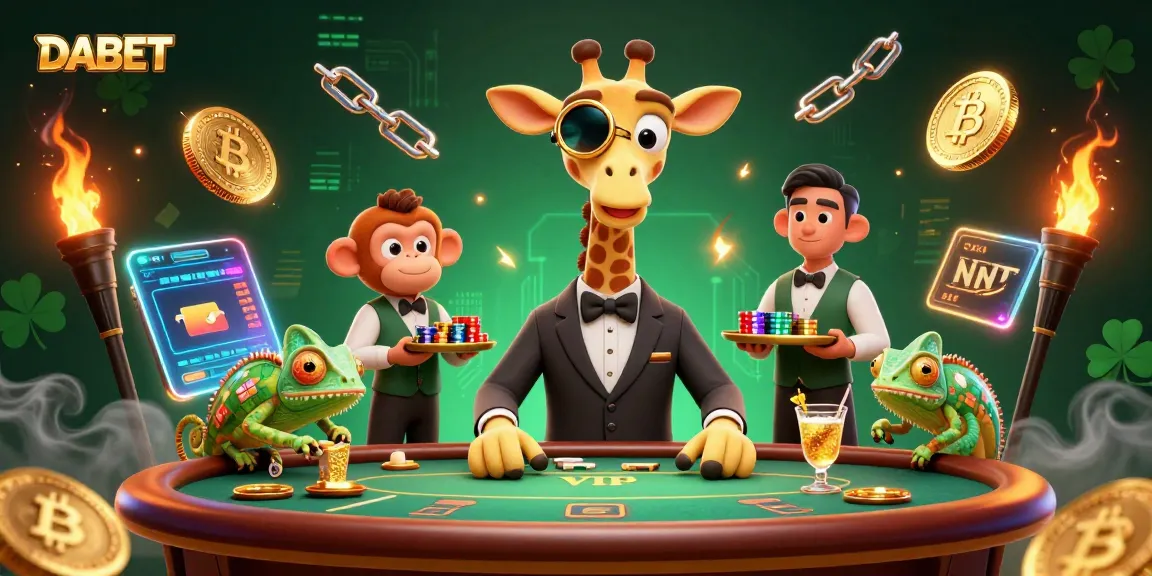 DABET offers an exciting gambling experience, showcasing high rollers at a vibrant poker table amid glowing crypto elements.