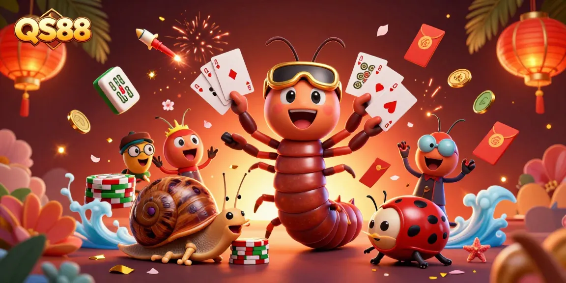 Engage in the vibrant QS88 casino scene with animated characters and playful playing cards.