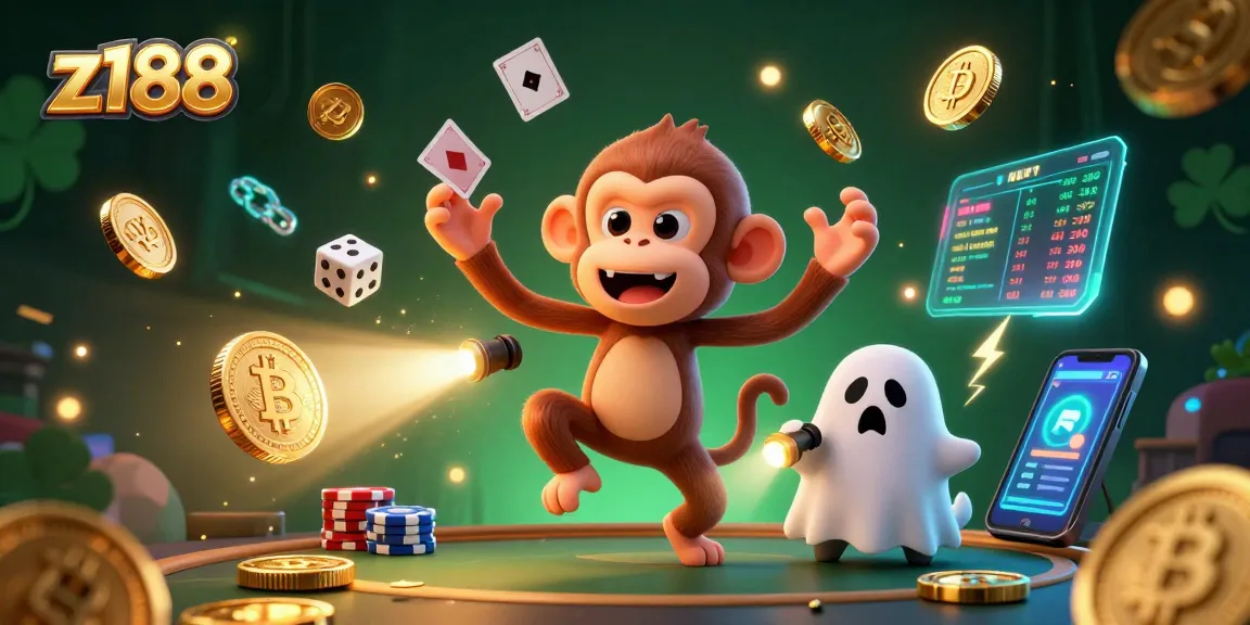 Engage with z188's haunted casino scene featuring a mischievous poltergeist monkey juggling crypto coins.