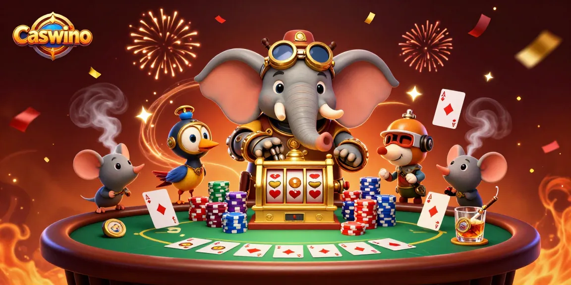 Caswino entices players with a steampunk elephant engineer operating a dynamic slot machine amidst a vibrant casino scene.