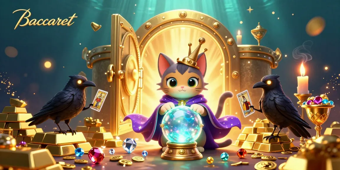 Baccarat scene with a mystic cat and a raven amidst treasures, showcasing vibrant casino elements.