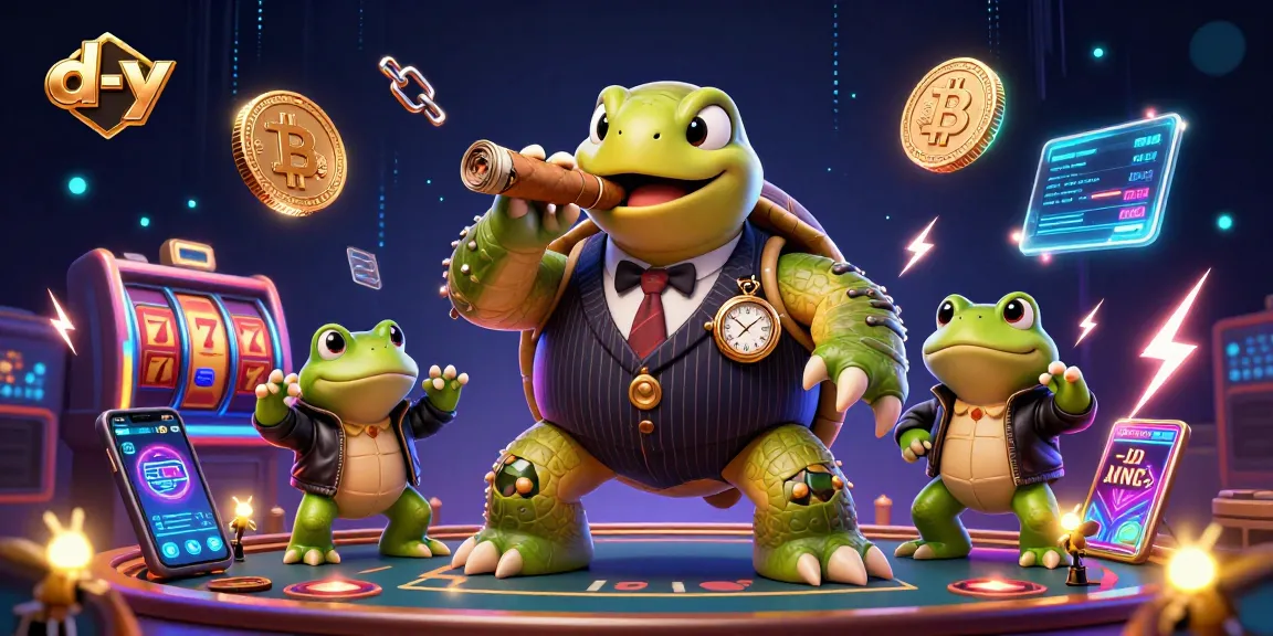 Join the d-y casino frenzy with a vibrant 3D illustration highlighting our mascot amidst crypto coins and slot reels.