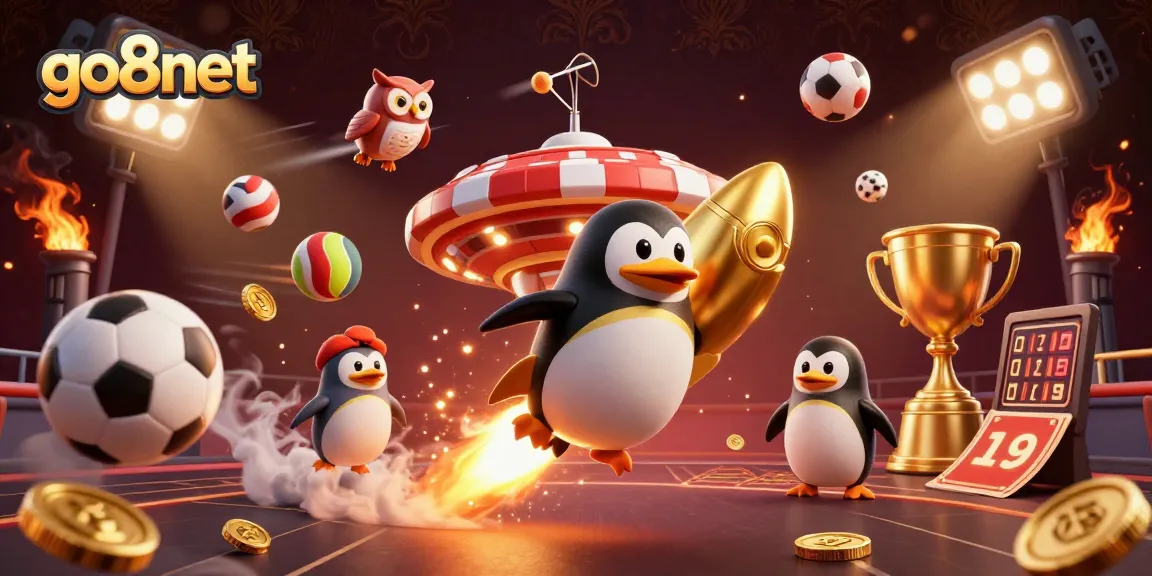 Experience the excitement of go8net with a 3D golden penguin racing towards a poker chip-shaped casino in space.
