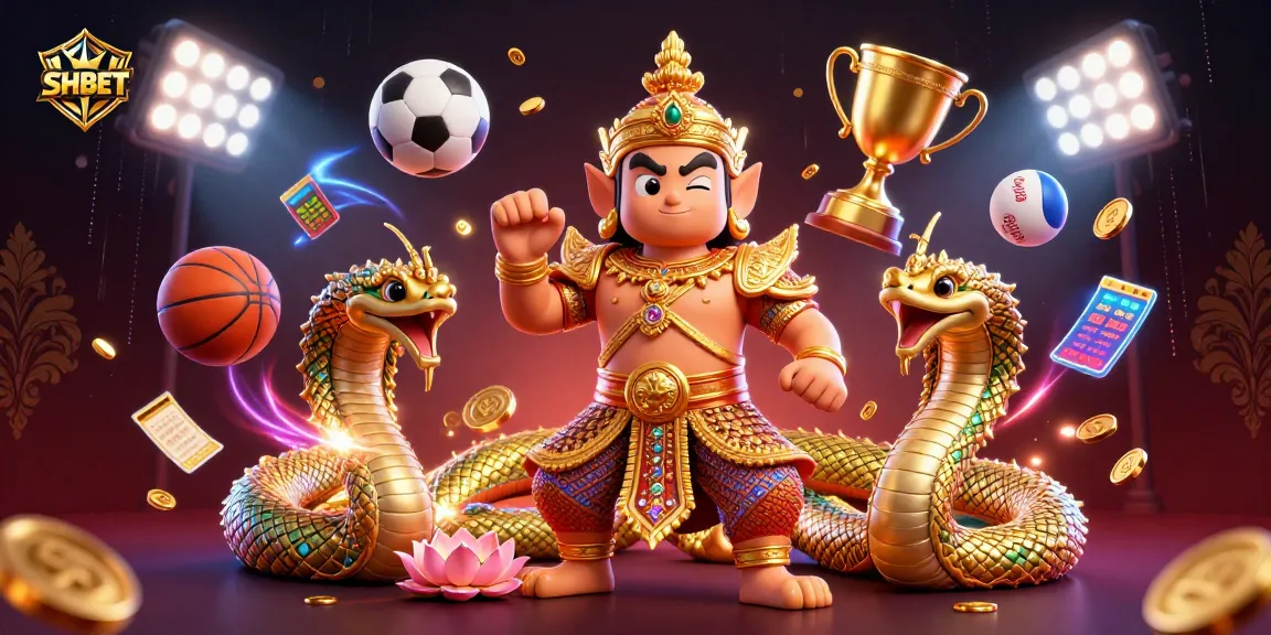 SHBET showcases a vibrant 3D casino scene featuring a guardian and sports elements celebrating bets and wins.