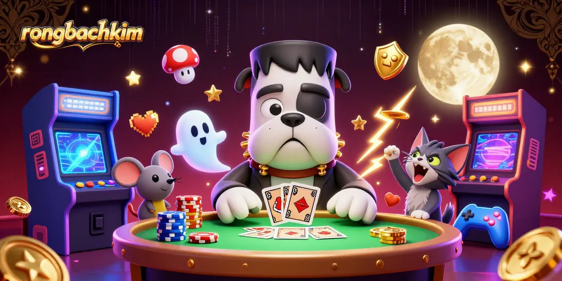 Engage with rongbachkim's vibrant casino atmosphere featuring animated characters and classic gaming elements.