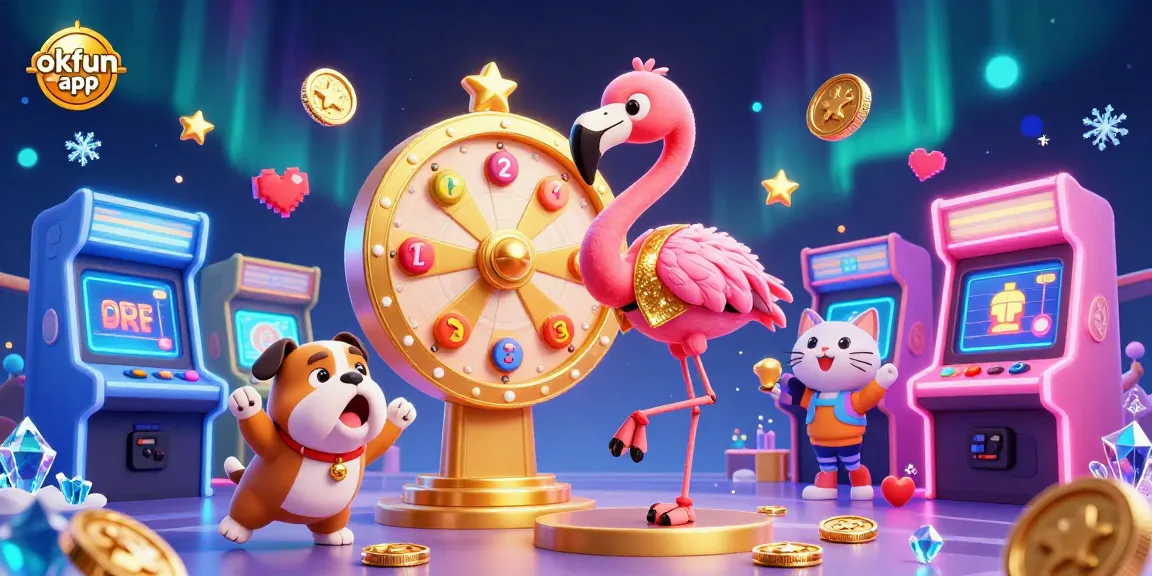 Spin to win with the okfun app in this vibrant casino game illustration, featuring exciting prizes and characters.