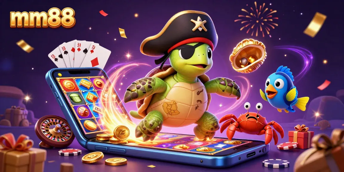 Engage with mm88's vibrant casino world featuring a 3D cartoon pirate turtle and treasure elements.