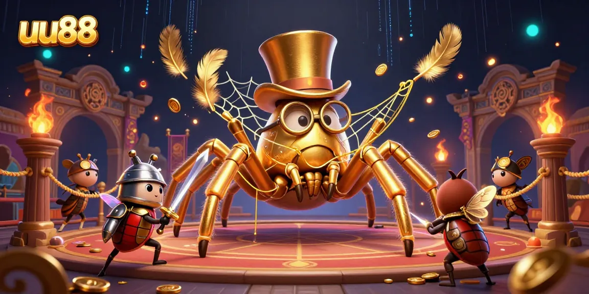 Engage with uu88's thrilling casino online experience, witnessing a unique giant golden tarantula and beetle knight in action.