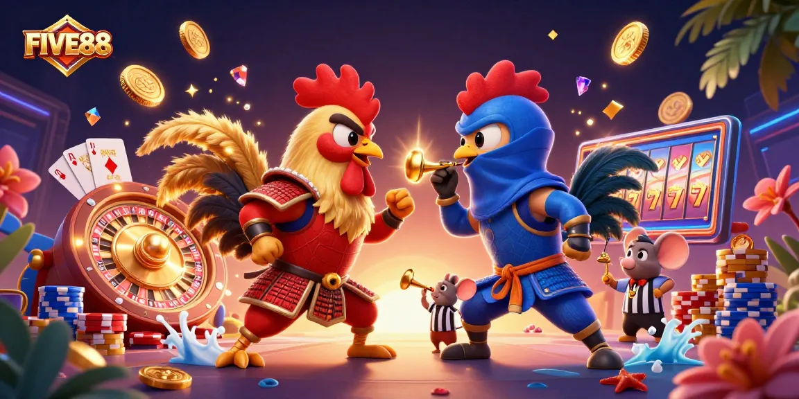 Experience exhilarating gaming at FIVE88 with dynamic dueling roosters, gold coins, and roulette action.