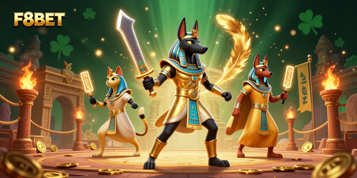 Experience thrilling gameplay with F8BET as Anubis and Bastet battle in a vibrant casino world.