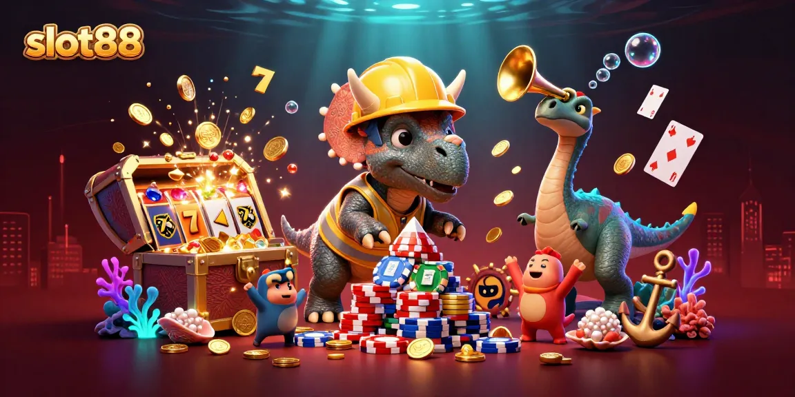 Permainan slot88 yang seru, dengan karakter lucu dan banyak elemen kasino dalam ilustrasi 3D yang memikat.
