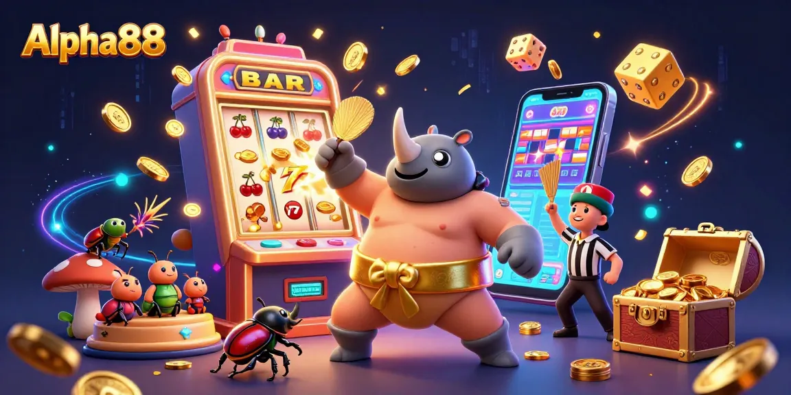 Experience excitement with Alpha88's slot machine jackpot scene and sumo champion in vibrant 3D!