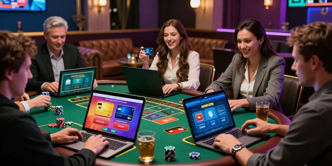 Diverse players enjoying online casino games using credit cards at https://eviz.org.uk, highlighted in a vibrant gaming lounge.