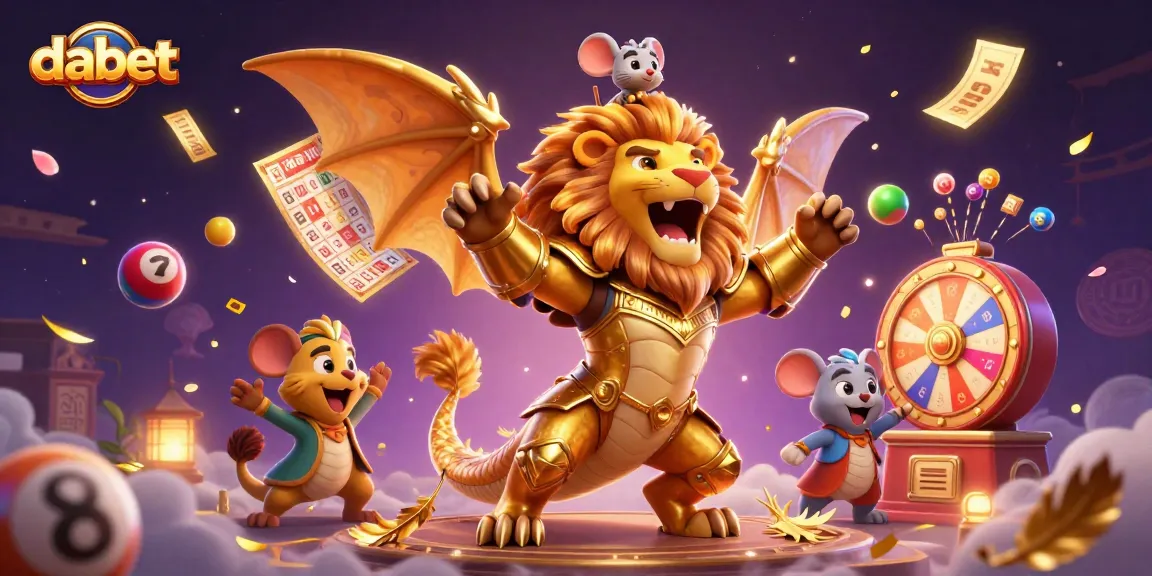 dabet presents an exciting 3D scene with a chimera, mouse jockey, and dynamic lottery elements, capturing the thrill of gaming.