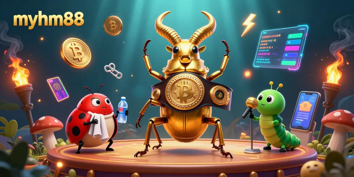 Experience thrilling gaming with myhm88 in a vibrant casino scene with animated characters and crypto elements.