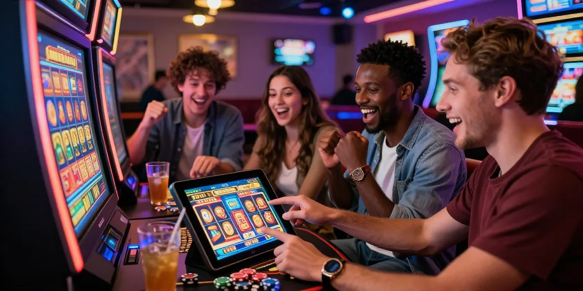 Excited friends enjoying bonus buy slots uk on a tablet, showcasing vibrant casino atmosphere and instant access to bonuses.
