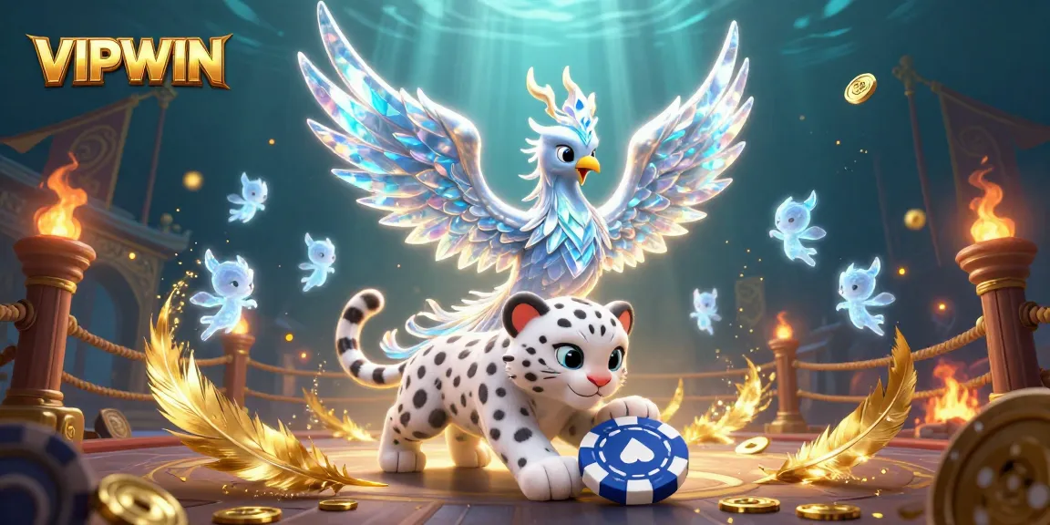 Experience excitement with VIPWIN's vibrant 3D casino scene featuring an ice phoenix, poker chip, and glowing sprites.