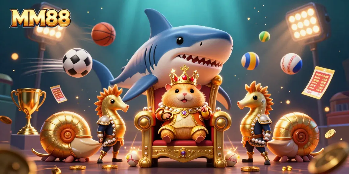 MM88 engages bettors with a lively scene of a golden hamster king and aquatic elements in a vibrant, gambling-themed illustration.