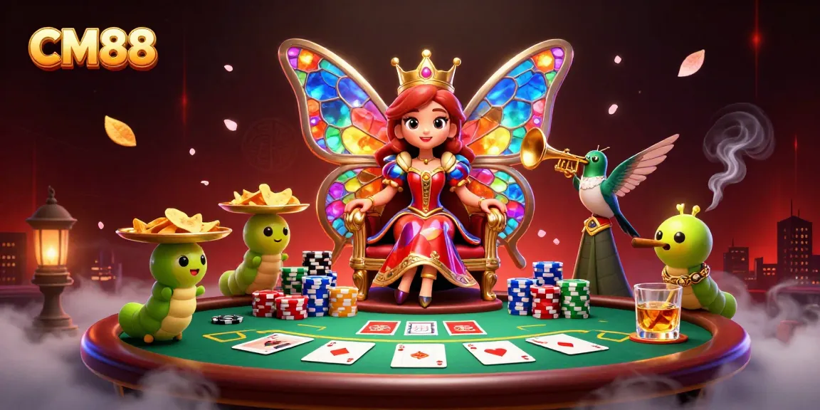 Experience the thrill of CM88's vibrant casino world with a colorful butterfly queen, poker elements, and dynamic gameplay.