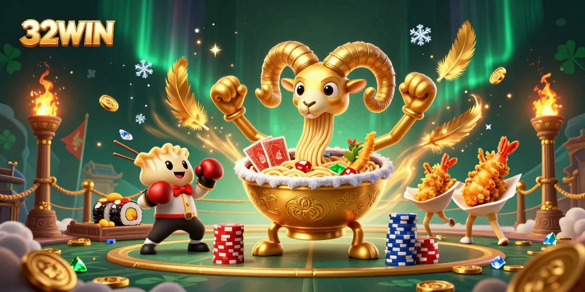 Experience the thrill at 32WIN, where a giant ramen bowl deals cards amidst gold and excitement.