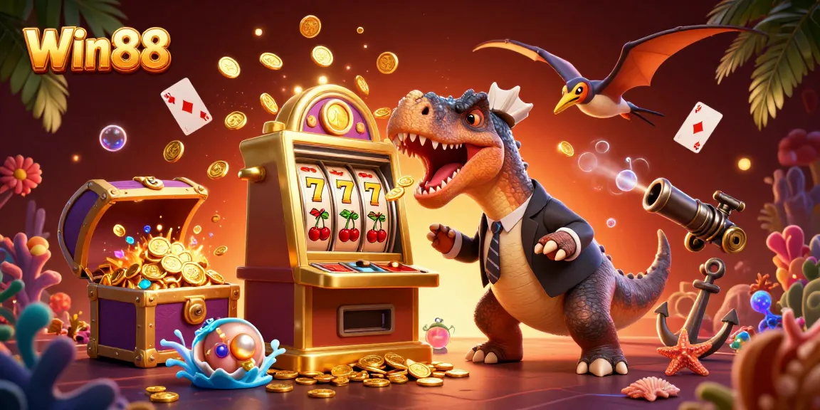 Win88 showcases a thrilling jackpot win scene with vibrant slot machines and casino elements.