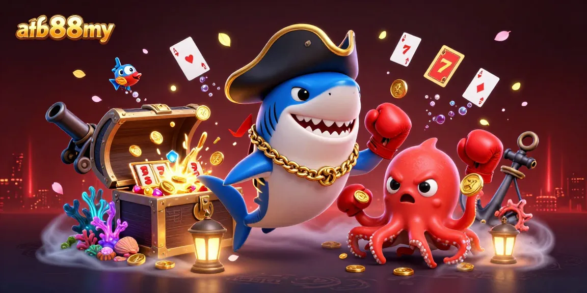 afb88my showcases a vibrant scene of a cartoon shark and friends in a casino-themed adventure.