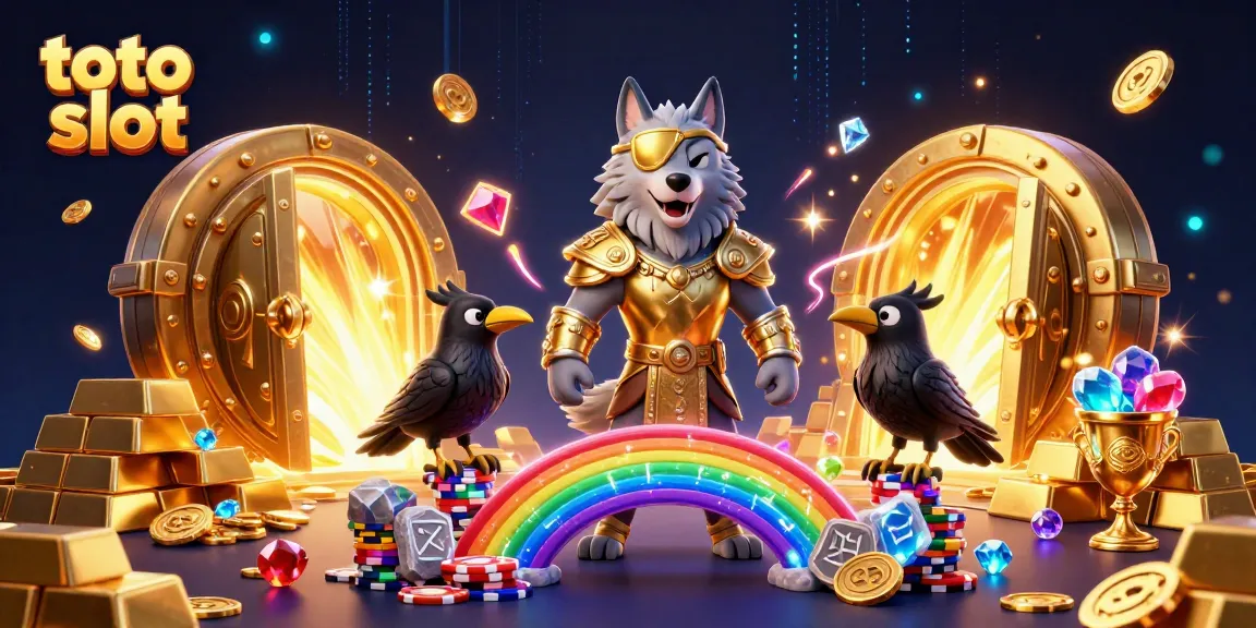 Play exciting toto slot games with Odin and his ravens in a treasure-filled casino scene.